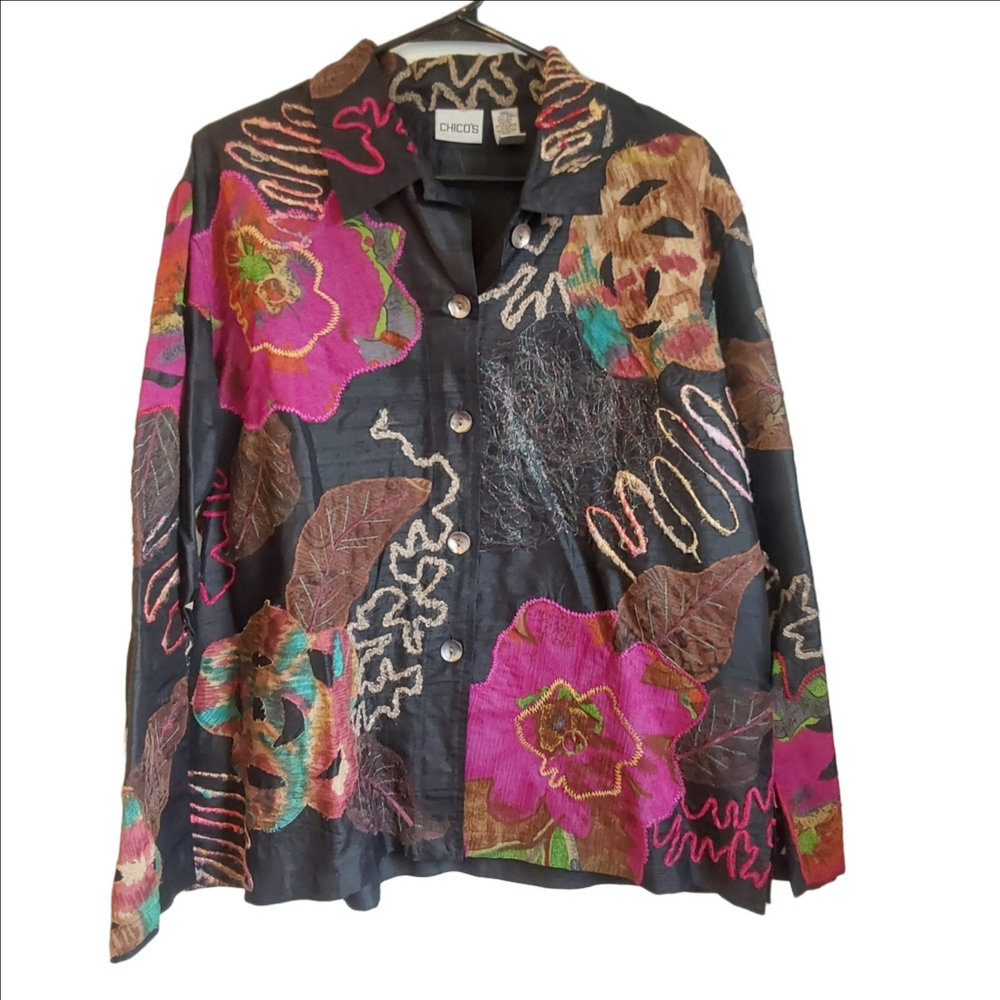 Chico's Black Multicolor Embroidered Blazer Size 2